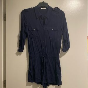 Super Cute Navy Button-Up Romper with Front Tie, Size S